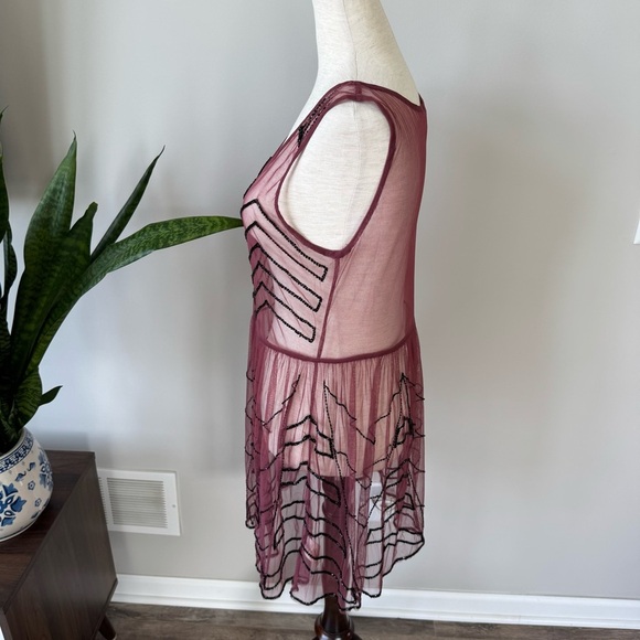 Free People Sheer Burgundy Dress with Black Beaded Embellished Design - Picture 3 of 9